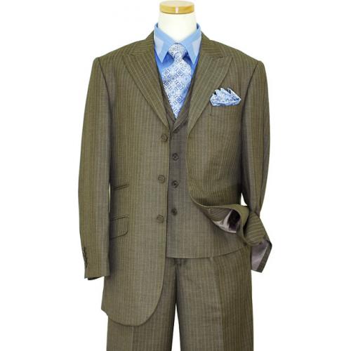 Bertolini Pebble Grey With Sky Blue Pinstripes Wool & Silk Blend Vested Suit 74056